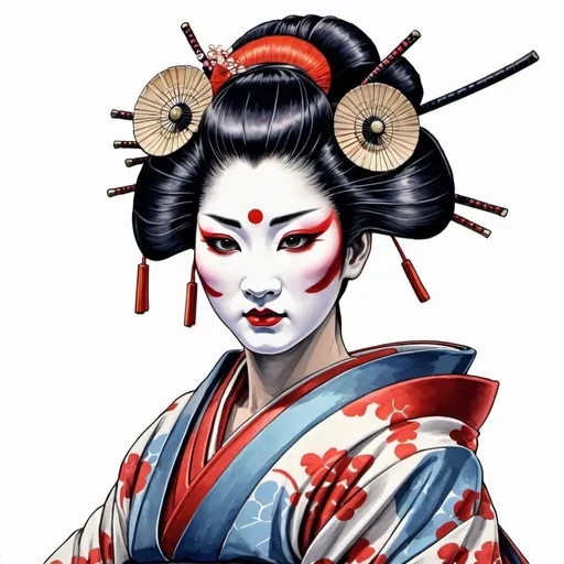 Prompt: geisha half wareing kabuki, color drawing art on white background