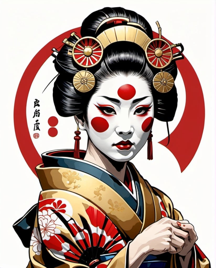 Prompt: geisha holding kabuki mask, intricate gold circle, white background, color drawing art