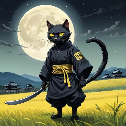 Prompt: black cat with yellow eyes, dressed as ninja he stands under a full moon that lights a grassy wind-swept field in feudal Japan. art in the style of studio Ghibli