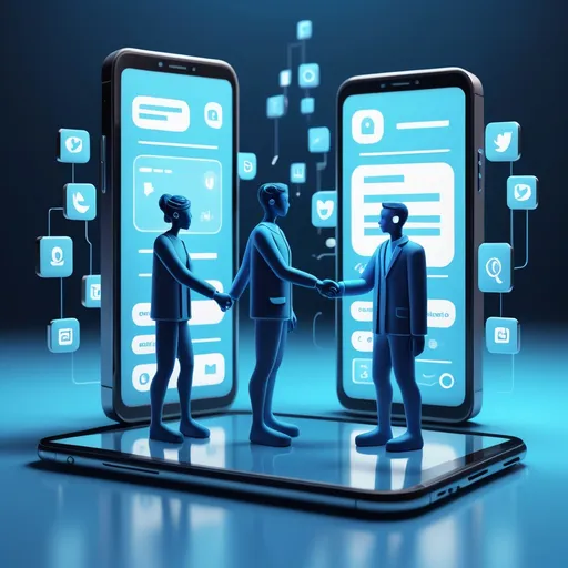 Prompt: A 3D digital art representation of two people emerging from smartphone screens, shaking hands. The screens have social media buttons saying 'Follow Me' and 'Follow Back'. The image has a futuristic, blue-toned style."