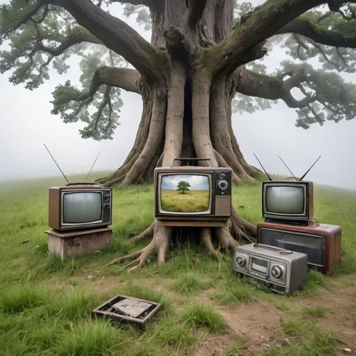 Prompt: old televisions, radios and technologies at the base of a grandfather tree on the top of a meadow in the clouds
from far away focused on the base of the tree and the trees roots are seen through the grass