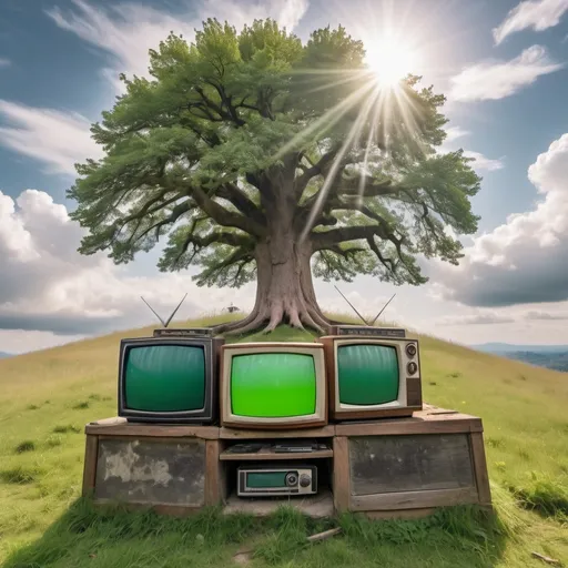 Prompt: old televisions, radios and technologies at the base of a grandfather tree on the top of a meadow in the clouds
from far away focused on the base of the tree and the trees roots are seen through the grass pixelated. The tree is far away on the hill. green grassy meadow with sun shining

