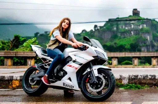 Prompt: A woman is posing for a photo while sitting on a motorcycle, showing her face, Ring Road, rainy day