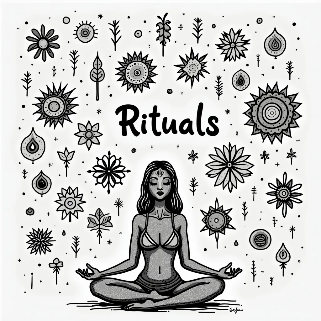 Prompt: In one whole bond paper. Create a doodle art that shows rituals and how it practices. Put a word ritual in the center and a woman who is meditating. Add all symbols of rituals. 