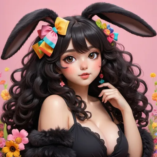 Prompt: bunny anime woman, (black bunny fur), light brown skin, (obese body), black hair, (curly hair), playful expression, whimsical features, large expressive eyes, oversized fluffy ears, vibrant colors, dynamic pose, colorful background, (fantastical elements), cute accessories like bows or flowers, high quality, (ultra-detailed), enchanting atmosphere, cheerful vibe.