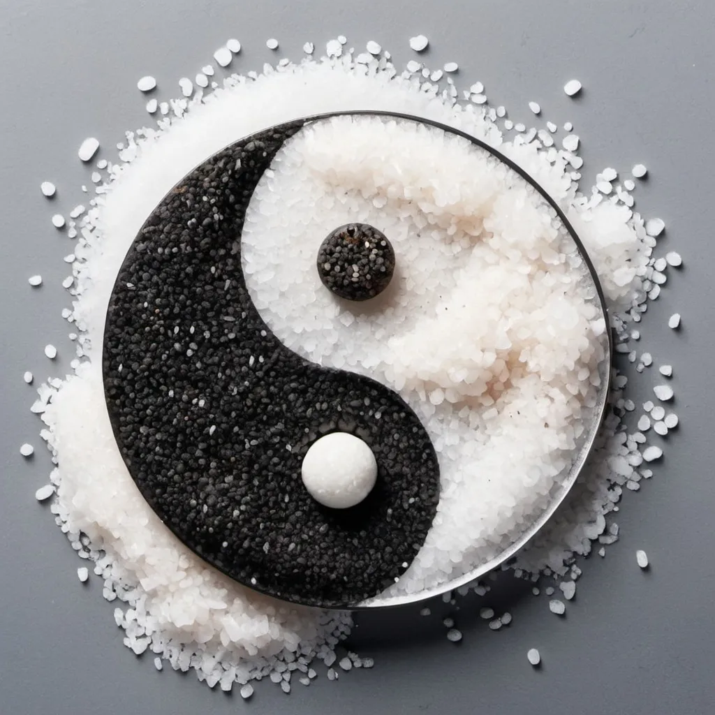 Prompt: Harmonious balance of the yin-yang symbol artfully arranged with a contrasting mix of salt and pepper