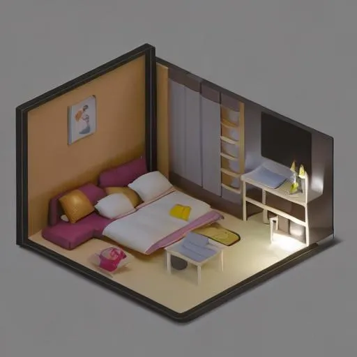 Prompt: tiny cute isometric bedroom in a cutaway box, soft lighting, 10mm lens3d blender render