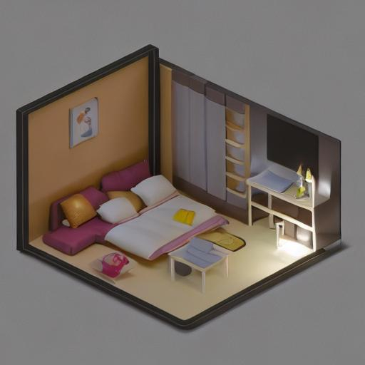 Prompt: tiny cute isometric bedroom in a cutaway box, soft lighting, 10mm lens3d blender render