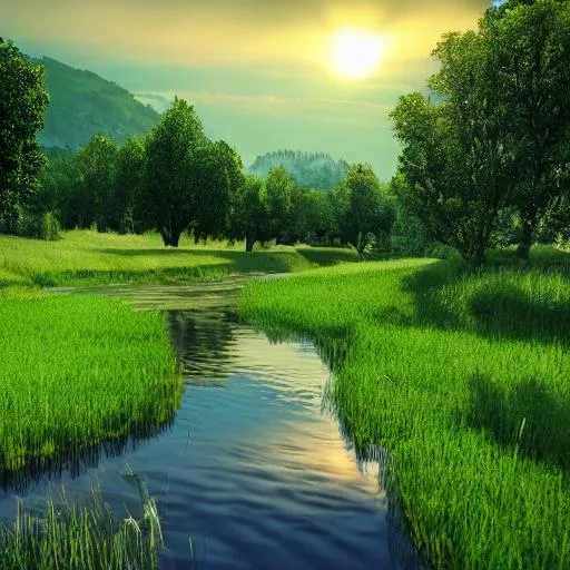 Prompt: landscape, sun lighting, green grass, river, peaceful, hdr, uhd, relastic render