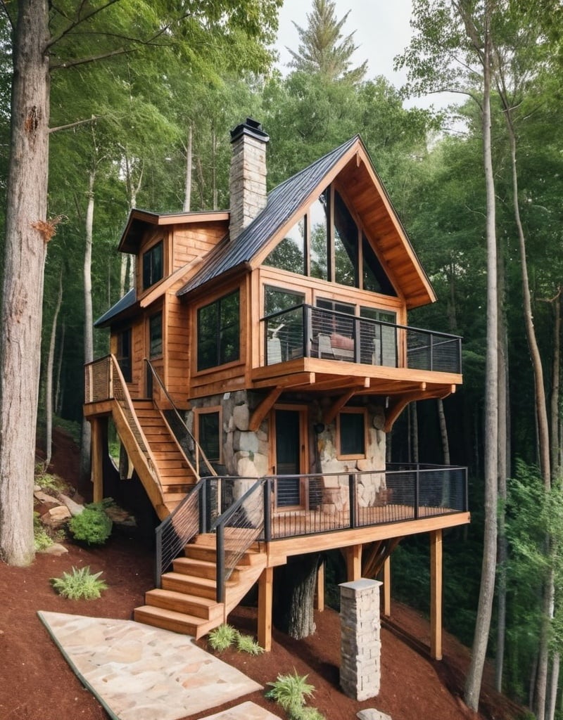 Prompt: A Frame cabin tree house with elegant landscaping, stone and wood materials, high quality, realistic, natural color tones, detailed textures, serene atmosphere, lush greenery, cozy and inviting, outdoor setting, professional landscaping, detailed wood textures, sophisticated design, natural lighting