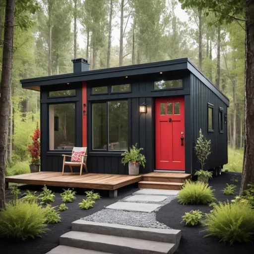 Prompt: Rustic tiny home in a dark forest setting, modern design with large windows, red front door, flowering shrubs, printed walkway, high quality, modern rustic, dark exterior, large windows, red front door, flowering shrubs, printed walkway, forest setting