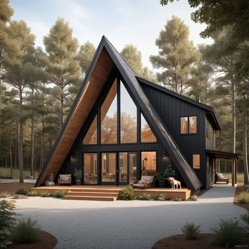 Prompt: Modern A-frame home with dog trot breezeway, black siding, large windows, cozy atmosphere, great room, spacious design, natural lighting, warm tones, high quality, modern architecture, detailed exterior, inviting ambiance, contemporary, A-frame design, spacious interior, cozy environment, cozy modern home, natural light, highres, detailed, inviting, warm tones, modern, spacious, A-frame, cozy atmosphere, great room, contemporary architecture, detailed exterior