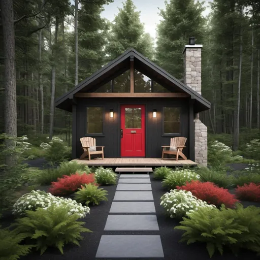 Prompt: Rustic small cabin home in a dark forest setting, modern design with large windows, red front door, flowering shrubs, printed walkway, high quality, modern rustic, dark exterior, large windows, red front door, flowering shrubs, printed walkway, forest setting, craftsmenship, carpentry 