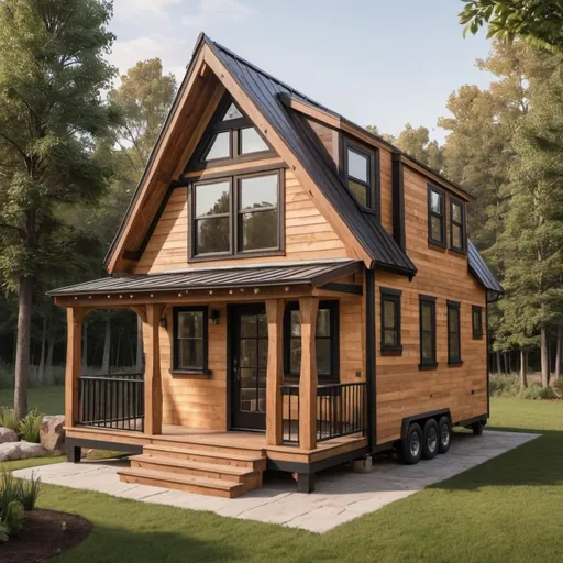 Prompt: Modern rustic tiny house, spacious balcony, cozy porch, loft,  professional, high quality, detailed woodwork, natural light, modern rustic, warm earthy tones, spacious, great room, detailed woodwork, cozy porch, loft, large windows, natural lighting