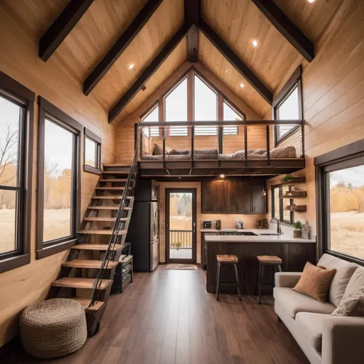 Prompt: Modern rustic tiny house, natural lighting, great room with large windows, loft, spacious balcony, cozy porch, warm earthy tones, high quality, detailed woodwork, professional, modern rustic, natural light, great room, spacious balcony, cozy porch, loft, warm earthy tones, detailed woodwork, landscaped, dark exterior, balcony 