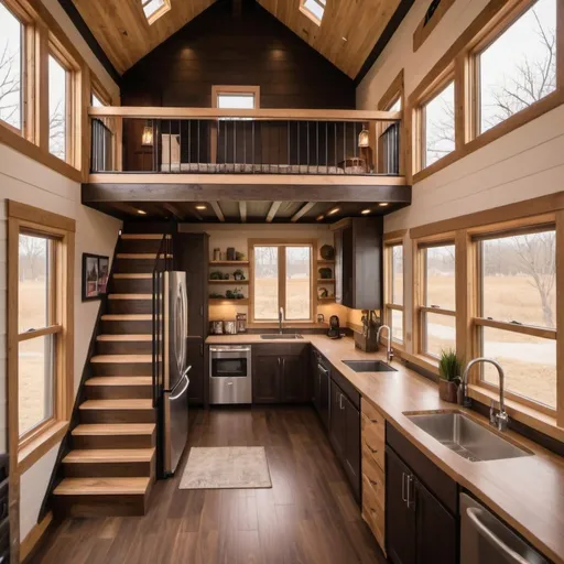 Prompt: Modern rustic tiny house, natural lighting, great room with large windows, loft, spacious balcony, cozy porch, warm earthy tones, high quality, detailed woodwork, professional, modern rustic, natural light, great room, spacious balcony, cozy porch, loft, warm earthy tones, detailed woodwork, landscaped, dark exterior, balcony 