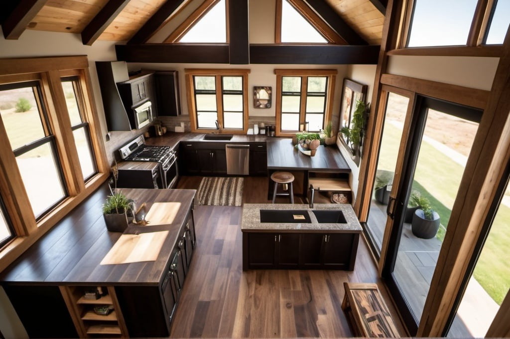 Prompt: Modern rustic tiny house, natural lighting, great room with large windows, loft, spacious balcony, cozy porch, warm earthy tones, high quality, detailed woodwork, professional, modern rustic, natural light, great room, spacious balcony, cozy porch, loft, warm earthy tones, detailed woodwork, landscaped, dark exterior, balcony. Open floor plan. Birdseye view