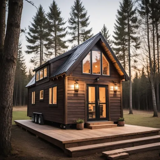 Prompt: Rustic tiny house with large windows, dark wood siding, practical design, highres, detailed wood textures, warm lighting, comfortable ambiance, small cabin, natural surroundings, simple lifestyle, minimalistic, serene atmosphere, wood accents, countryside, quality craftsmanship