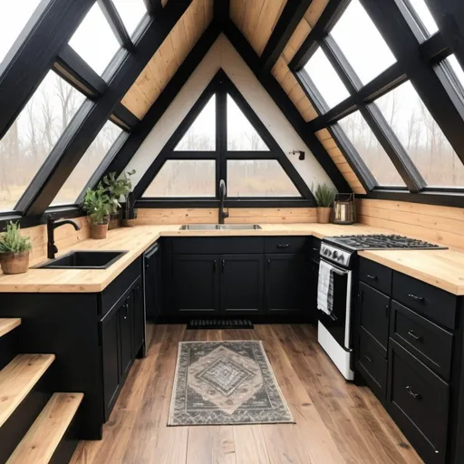 Prompt: Rustic A-frame tiny home with open floor plan, loft, large windows, black exterior, natural light, cozy interior, high quality, realistic, rustic, A-frame architecture, spacious layout, large windows, loft space, black exterior, warm and natural lighting