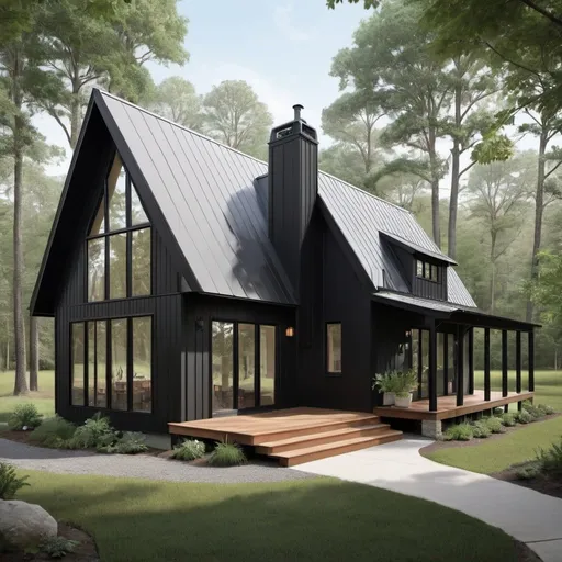 Prompt: Small A frame home with a dog trot breezeway. Black siding large windows for natural light that casts into its great room. 