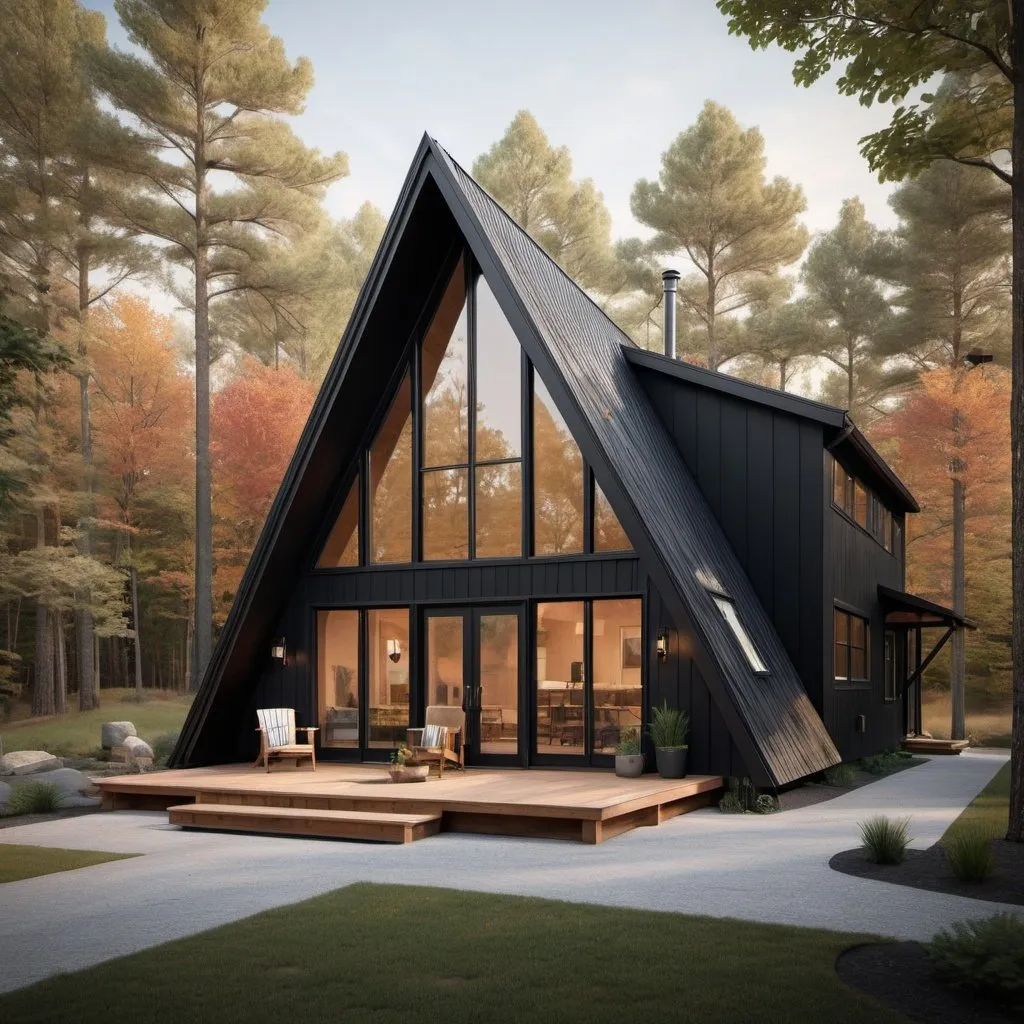 Prompt: Modern A-frame home with dog trot breezeway, black siding, large windows, cozy atmosphere, great room, spacious design, natural lighting, warm tones, high quality, modern architecture, detailed exterior, inviting ambiance, contemporary, A-frame design, spacious interior, cozy environment, cozy modern home, natural light, highres, detailed, inviting, warm tones, modern, spacious, A-frame, cozy atmosphere, great room, contemporary architecture, detailed exterior