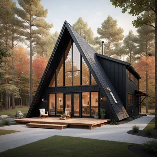 Prompt: Modern A-frame home with dog trot breezeway, black siding, large windows, cozy atmosphere, great room, spacious design, natural lighting, warm tones, high quality, modern architecture, detailed exterior, inviting ambiance, contemporary, A-frame design, spacious interior, cozy environment, cozy modern home, natural light, highres, detailed, inviting, warm tones, modern, spacious, A-frame, cozy atmosphere, great room, contemporary architecture, detailed exterior