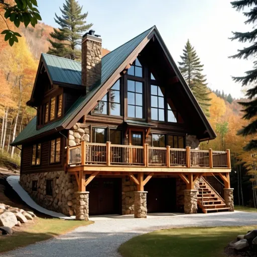 Prompt: A three-story rustic A-frame cabin with a stone foundation, earth-toned facade, large light-gathering windows with light wooden trim, dark wooden siding, spacious porch, cozy loft, detailed wooden craftsmanship, warm and inviting atmosphere, high quality, detailed woodwork, rustic, earth tones, A-frame architecture, large windows, spacious porch, cozy loft, 3-storey, stone foundation, natural lighting