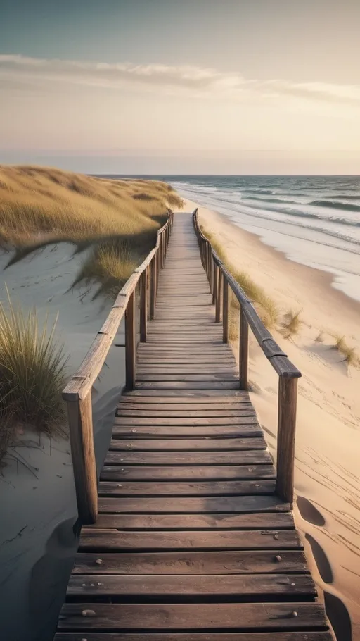 Prompt: an old wooden walkway towards the sea between sand dunes, beach with waves, dune grass, growing, half submerged on a beach with crystal clear waters at dusk during sunny day Cinematic film still, shot on v-raptor XL, film grain, vignette, color graded, post-processed, cinematic lighting, 35mm film, live-action, best quality, atmospheric, a masterpiece, epic, stunning, dramatic