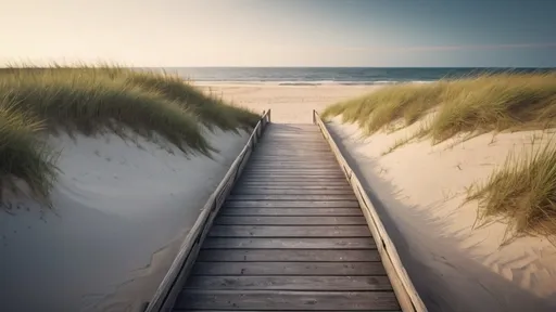 Prompt: an old wooden walkway towards the sea between sand dunes, beach with waves, dune grass, growing, half submerged on a beach with crystal clear waters at dusk during sunny day Cinematic film still, shot on v-raptor XL, film grain, vignette, color graded, post-processed, cinematic lighting, 35mm film, live-action, best quality, atmospheric, a masterpiece, epic, stunning, dramatic