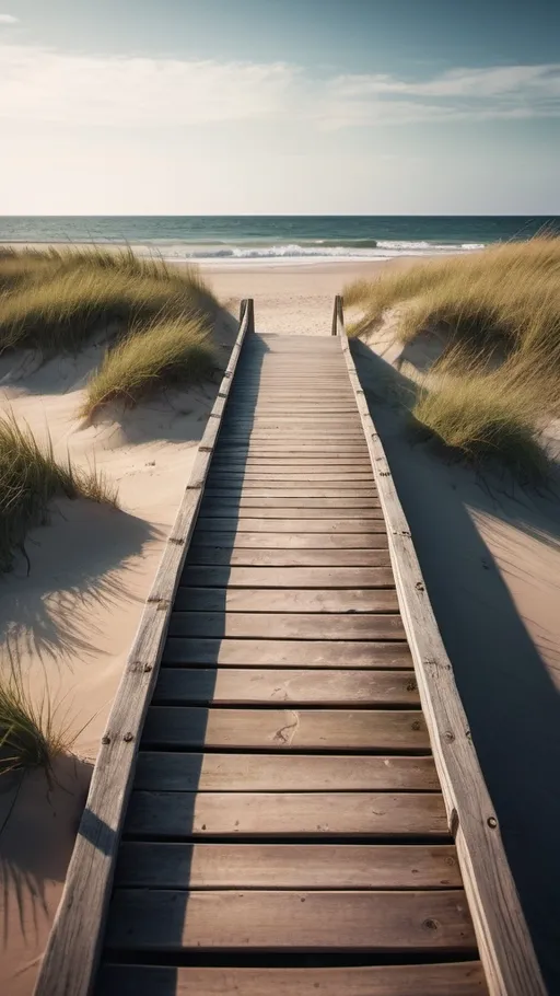 Prompt: an old wooden walkway towards the sea between sand dunes, beach with waves, dune grass, growing, half submerged on a beach with crystal clear waters at dusk during sunny day Cinematic film still, shot on v-raptor XL, film grain, vignette, color graded, post-processed, cinematic lighting, 35mm film, live-action, best quality, atmospheric, a masterpiece, epic, stunning, dramatic