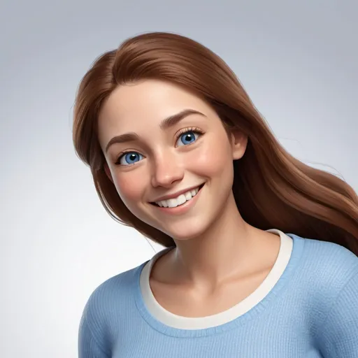 Prompt: /imagine memoji style digital avatar, woman with long, very fine and chestnut hair, light bleu eyes, thin eyebrows, wearing a navy blue sweater with a white strap on the left shoulder, slight smile with a Dimple on the right cheek, happy and raising his arms to heaven with joy --v 5.2