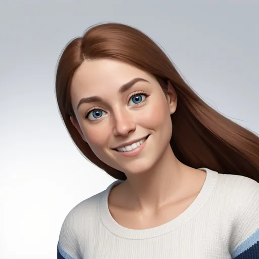 Prompt: /imagine memoji style digital avatar, woman with long, very fine and chestnut hair,  light bleu eyes, thin eyebrows, wearing a navy blue sweater with a white strap on the left shoulder, slight smile with a Dimple on the right cheek --v 5.2 