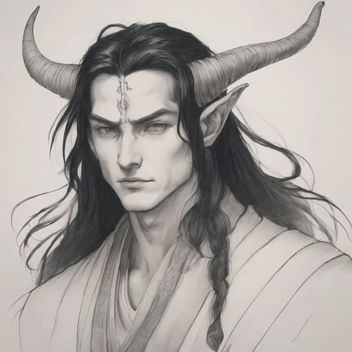 Prompt: 20 years old caucasian male thiefling monk with long black hairs and tiny horns
