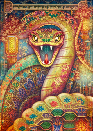 Prompt: A vibrant and intricate depiction of a large, stylized snake commands attention, its scales shimmering with a kaleidoscope of colors that range from deep reds and golds to striking greens and blues. The snake's menacing expression is highlighted by its fanged mouth and forked tongue, which seem to hiss outwards. Surrounding the serpent are ornate patterns and motifs, including floral designs and elements of traditional Asian art, emphasizing a rich cultural heritage. The background is adorned with glowing lanterns and decorative borders, creating a mesmerizing contrast and depth in the composition. This artwork conveys a sense of power and mystery, captivating the viewer with its colorful and detailed representation of the snake.