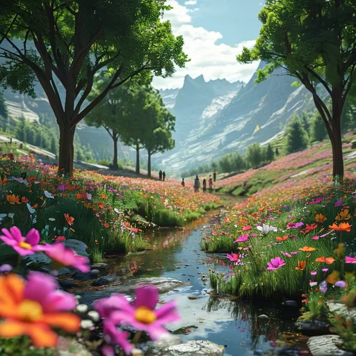 Prompt: A large virtual image in the middle of a valley with multi-colored flowers, with trees, grass, ground, puddles, and in the valley there are women and men standing in the distance, giving a sense of attractiveness, having fun in the picture.
