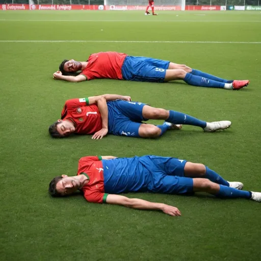 Prompt: Francese Spieler und portugiesischer Spieler Schlafen auf dem Fußballplatz