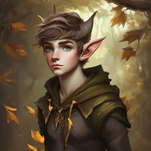 Prompt: oil painting, character portrait, boy {18 year old} fantasy elf, mid-length hair, wearing leaves, muted forest background, highres, detailed, sepia
