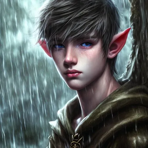 Prompt: 1 teenage male elf twink, weeping, SAD, hyper realistic masterpiece, oil painting, character portrait, bare chest, clean shaven, 18 years old handsome, pretty, UHD, HDR, 64K, anime, in a rainstorm, melodramatic tone
