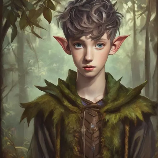 Prompt: oil painting, character portrait, Troye Sivan, as a young {18 year old} fantasy elf, short hair, in a loincloth, muted forest background, full body, highres, detailed, toned
