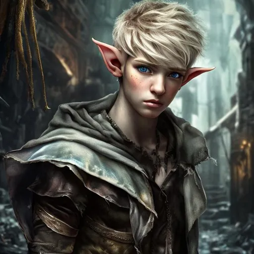 Prompt: 1 male elf twink, hyper realistic masterpiece, oil painting, torn rags, wounded, full body, 20 years old handsome, pretty, UHD, HDR, 64K, in a dungeon

