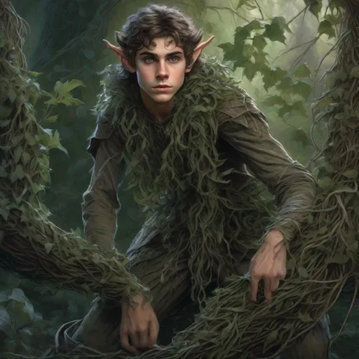 Prompt: terror, full body portrait, 16 year old twink, terrified expression, struggling, thin male fey elf, pretty, handsome, full lips, impish grin, huge wide eyes, pointy ears, in shredded clothing, barefoot, tangled in thick thorny vines, 1890's oil painting, UHD, 64K, hyper realistic, detailed anatomy