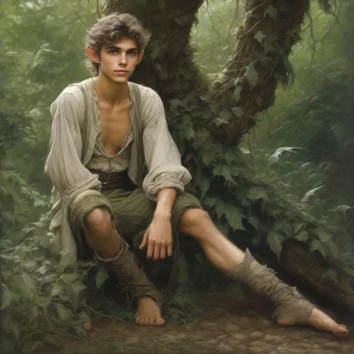 Prompt: full body portrait, 16 year old twink, thin male fey elf, pretty, handsome, full lips, impish grin, huge wide eyes, pointy ears, in tattered clothing, barefoot, struggling in thorny overgrowth, 1890's oil painting, UHD, 64K, hyper realistic, detailed anatomy