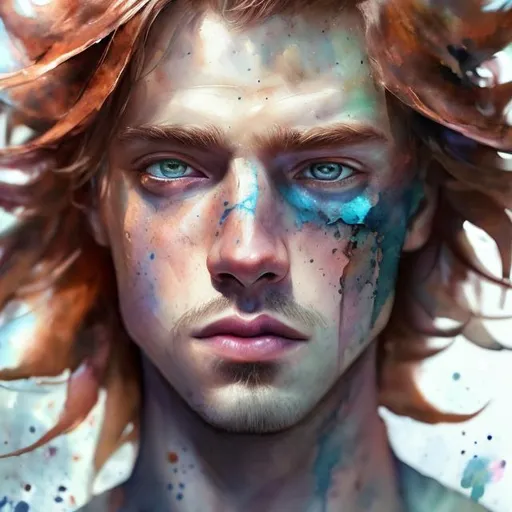 Prompt: 1 man, hyper realistic watercolor masterpiece, full body, 24 years old handsome, pretty, pastel eyes, copper hair, UHD, HDR, 64K, RPG

