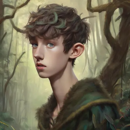 Prompt: oil painting, character portrait, Troye Sivan, as a young {18 year old} fantasy elf, short hair, in a loincloth, muted forest background, {full body}, highres, detailed, toned
