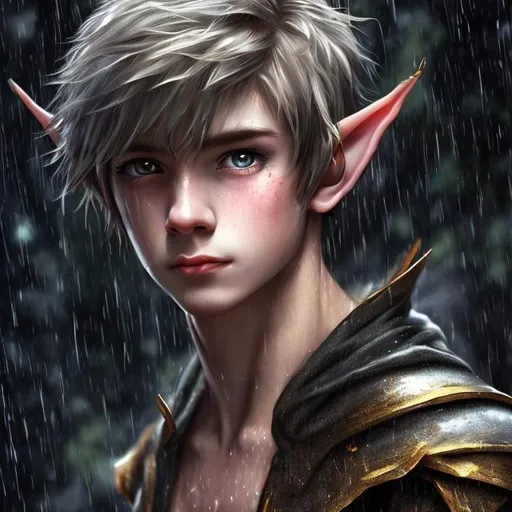Prompt: 1 teenage male elf twink, weeping, hyper realistic masterpiece, oil painting, character portrait, bare chest, clean shaven, 18 years old handsome, pretty, UHD, HDR, 64K, anime, in a rainstorm
