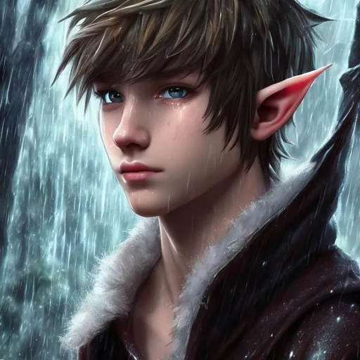 Prompt: 1 teenage male elf twink, weeping, hyper realistic masterpiece, oil painting, character portrait, showing entire body, clean shaven, 18 years old handsome, pretty, UHD, HDR, 64K, anime, in a rainstorm
