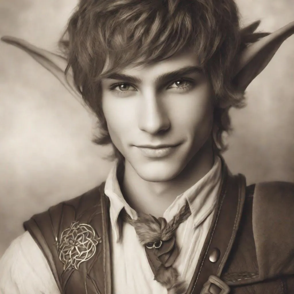 Prompt: beautiful handsome elf boy close-up photo, sepia, impish grin, short hair
