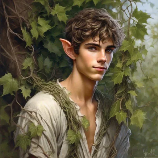 Prompt: full body portrait, 16 year old twink in desperation, thin male fey elf, pretty, handsome, full lips, impish grin, huge wide eyes, pointy ears, in shredded clothing, barefoot, tangled in thick thorny vines, 1890's oil painting, UHD, 64K, hyper realistic, detailed anatomy