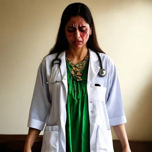 Prompt: a heartbreaking full body portrait of a female doctor victim after facing assualt draped in torn Indian clothes crying, her facial expressions should exhibit pain and tears should be flowing from eyes non-stop like she has suffered the greatest misery of her life and is on brink, the photo should also Indian tricolors theme