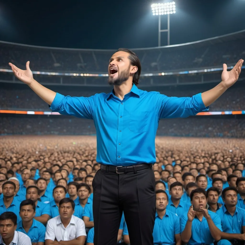 Prompt: a prophet with a blue shirt and black trouser teaching 1000000 men and women a large foot ball stadium
